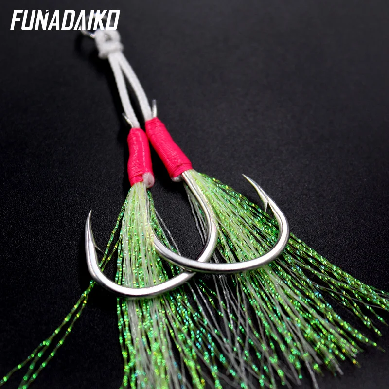 

FUNADAIKO high carbon steel pike assist hook with luminous tinsel fishing hooks Double Fishhook, Nickel