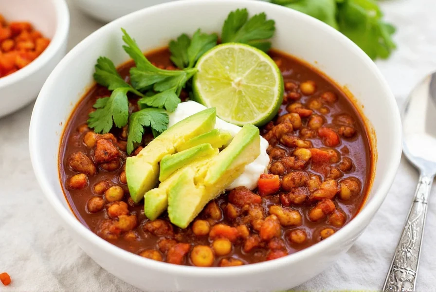 Bowl of vegetarian slow cooker chili served with various toppings including avocado, cilantro, and lime wedges