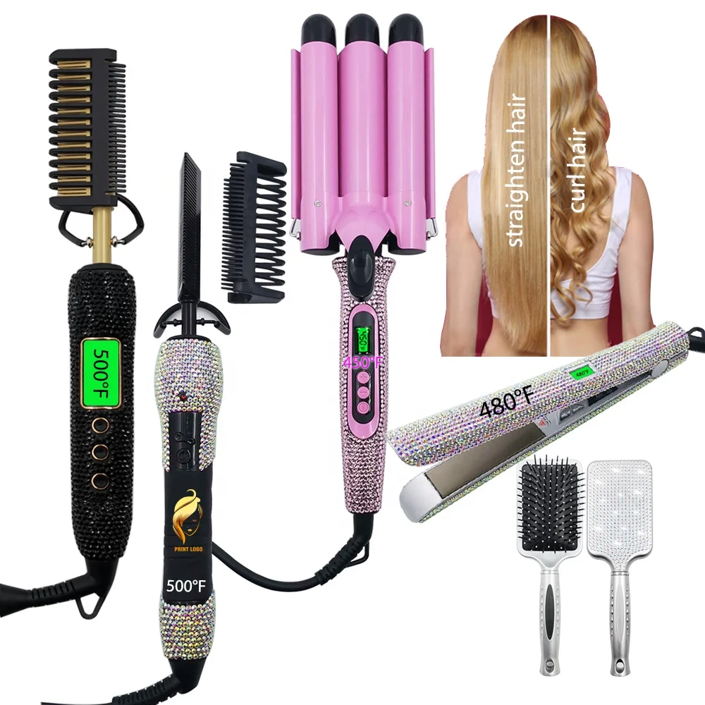 

New 500 F Fast Heat Bling Rhinestone Anti-Scald Hair Straighten Iron Flat 3 Barrel Curling Crimp Electric Hot Hair Styling Comb