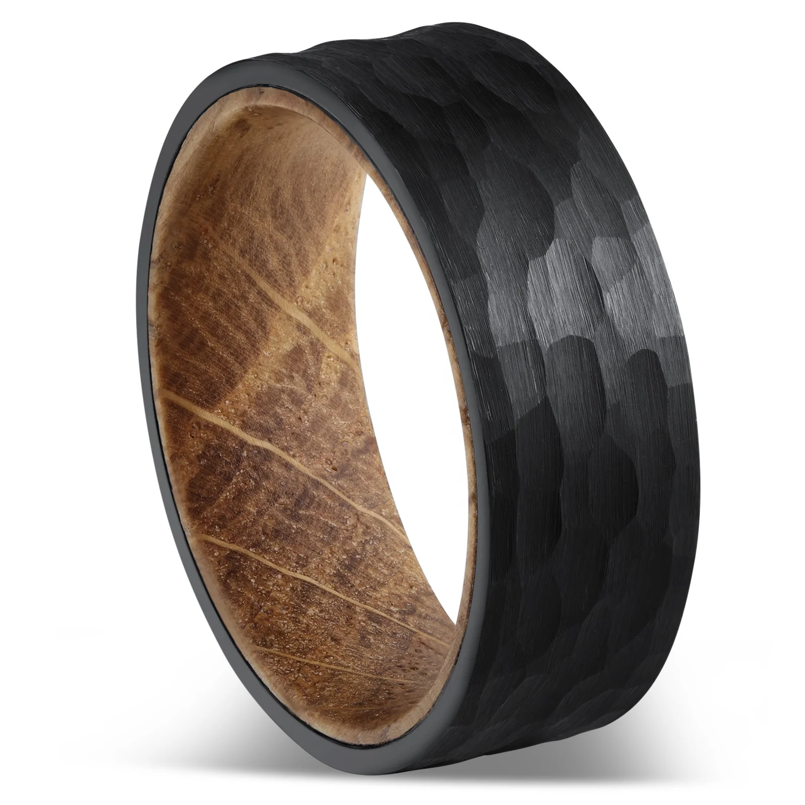 

Hammered Ring Black Faceted Steel Barrel Sollid Wood Ring Tungsten Men ring Wedding Band