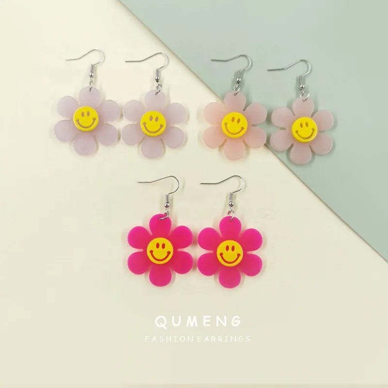 

New Custom Design Sunflower Smiley Face Jewelry Luminous Colorful Acrylic Pendant Earrings Cute Personality Female