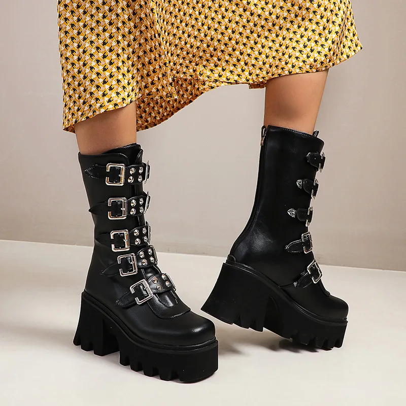 

Winter Gothic Punk Womens Platform Boots Black Buckle Strap zipper Creeper demonia Wedges Shoes Combat Boots