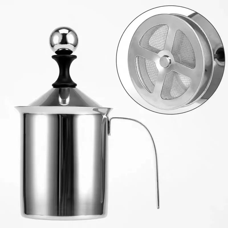 

400/800ml manual double-layer mesh stainless steel foamer, used for milk cream, coffee milk foam