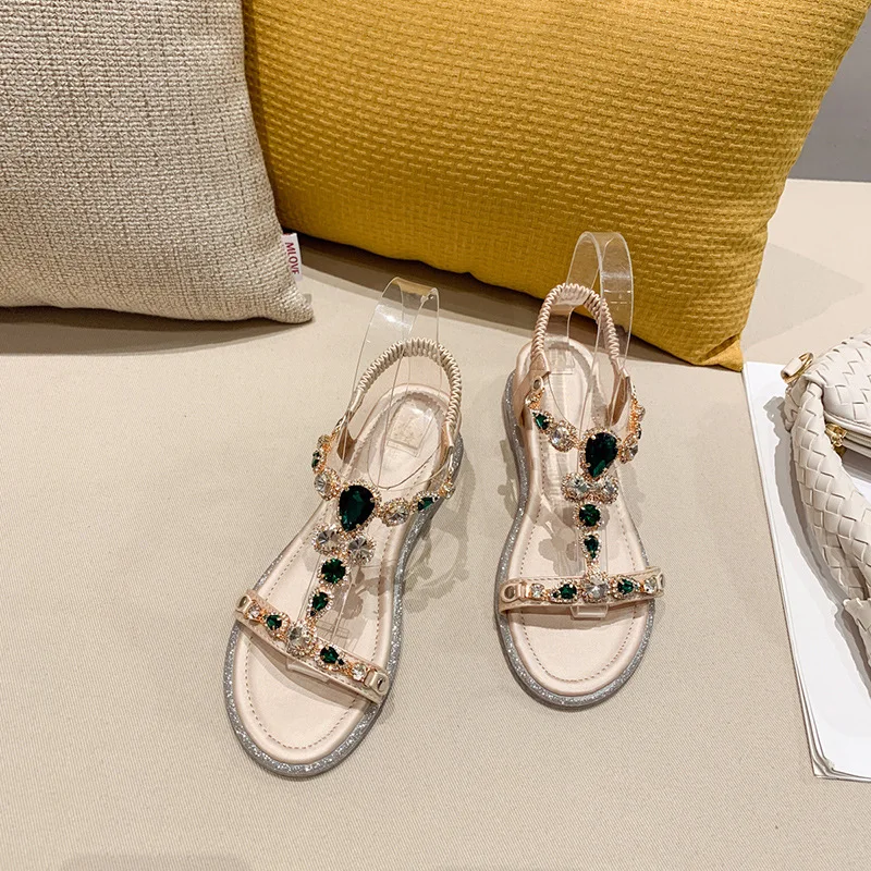 

2021 new summer sandals slope heel diamond studded beach fashion personality elegant flat bottom women slippers, As the pictures show