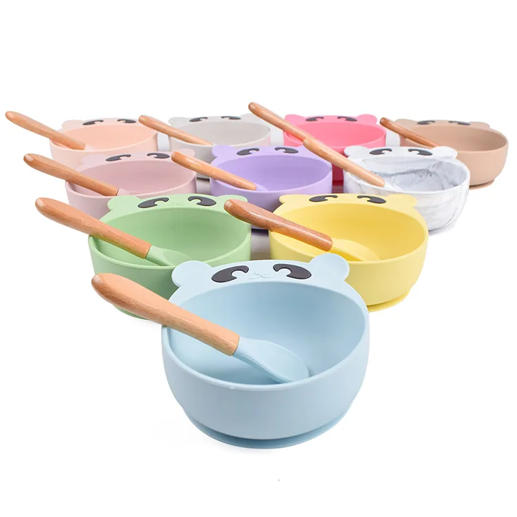 

Auzen Silicone baby bowl with wooden spoon , silicone bowl Soft Suction Food Grade Silicone Baby Bowl and Spoon for Kid