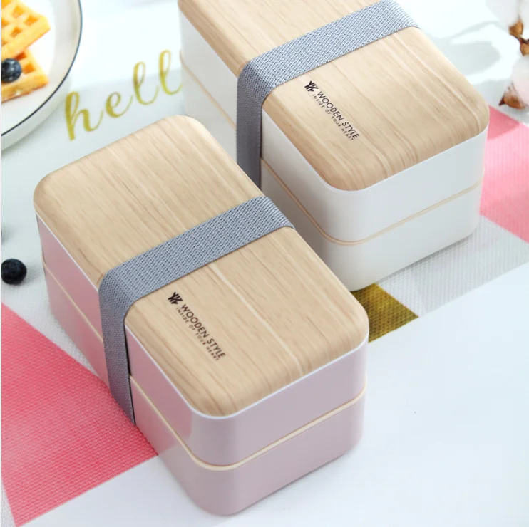 Premium Wood Bamboo Lids Microwave Safe Plastic 2 Tiers Japanese Lunch Box Bento With Cutlery