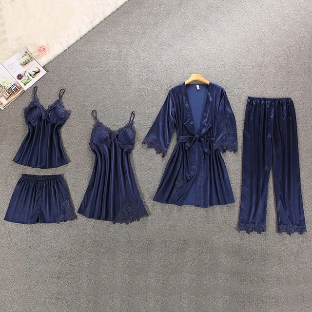 
Ladies Homewear 5-piece Sets Satin Nightgown Sleepwear Silk Pajamas Women 