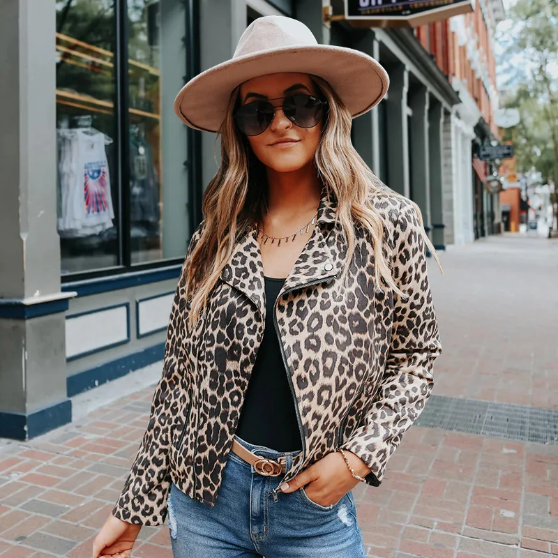 

Fashion Fall Clothing For Women Zipper Long Sleeved Casual Coats Leopard Jacket Coat, As pictures