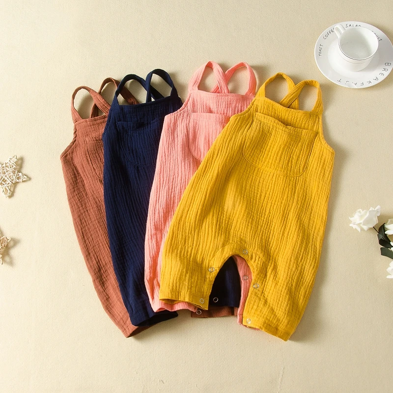 

Summer Baby Cotton Linen Suspender Romper Pocket Soft Infants Boy And Girl Jumpsuits Boutique Toddler Clothes M586
