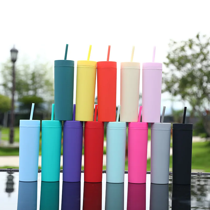 

wholesale bulk acrylic 16 Oz skinny tumblers with lid and straw simple modern pre drilled double wall plastic Semi-Matte tumbler