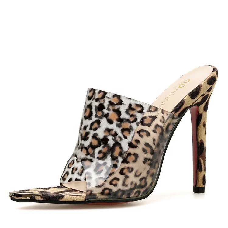 

Leopard print high heel women pvc slippers pointed peep toe shoes women thin heel female dress sandals pumps stiletto