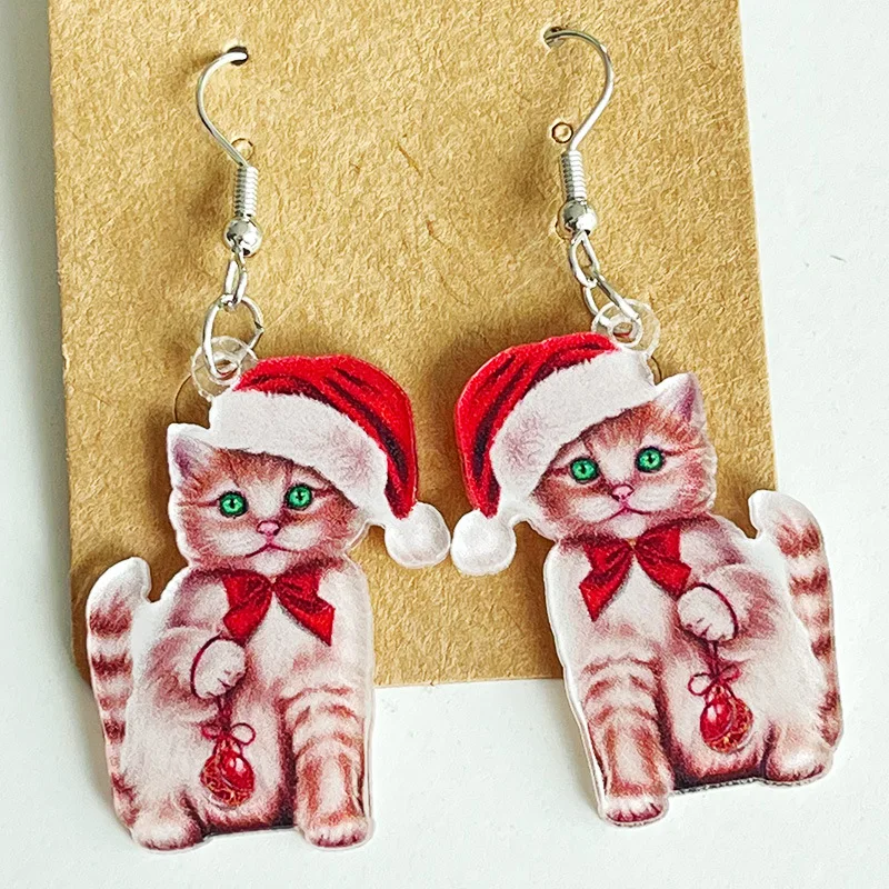 

Christmas Creative Animal Acrylic Earrings Cute Wearing Hat Cats Dogs Rabbits Frogs Western Cow Heads Dangle Earrings For Women