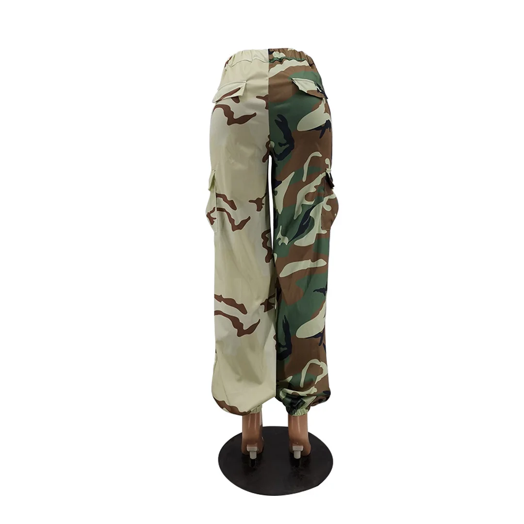 Hot Style Wide Leg  High Waist Woman Big Pocket Casual Military Trousers  Cargo Camouflage Pants