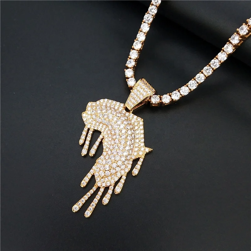 

iced out micro pave cz cubic zirconia gold platd tennis chain drip Africa map necklace