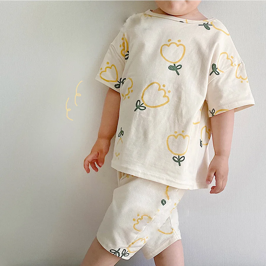 

Summer New Baby Clothes Set Toddler Baby Girl Boy Cute Flower Printed Short Sleeve Tops + Kid Cotton Casual Shorts 2pcs