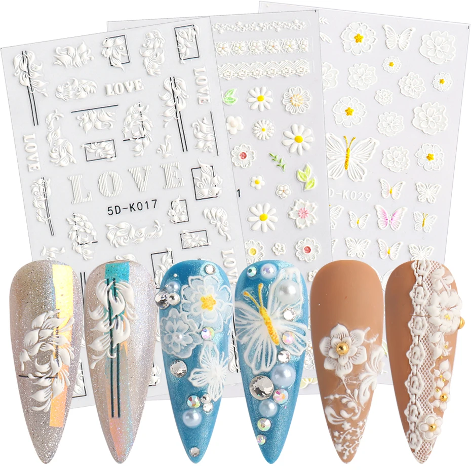 

5D-K Series White Embossed Flower Lace 5D Sticker Decal Wedding Nail Art Designs Floral Butterfly Japanese Manicure Decor