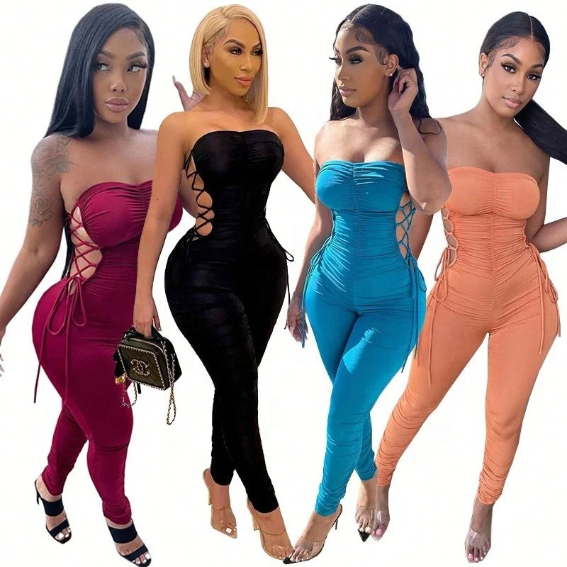 

Spring new fashion casual pleated sexy women jumpsuit summer bodycon rompers Sexy tight nightclub Elasticity clothes