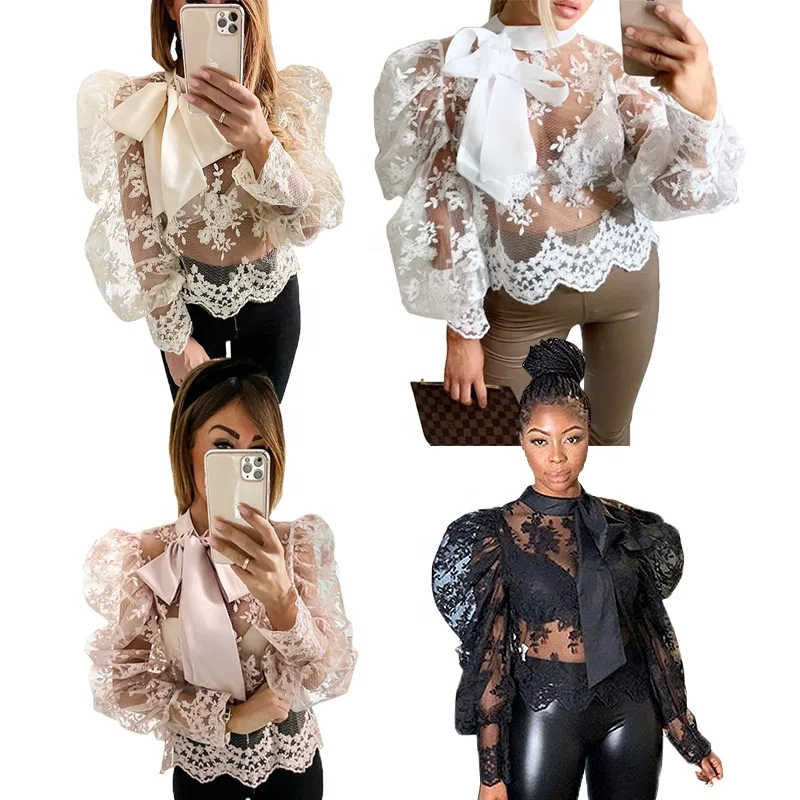 

B62499A Lace mesh see-through bow top for spring 2020