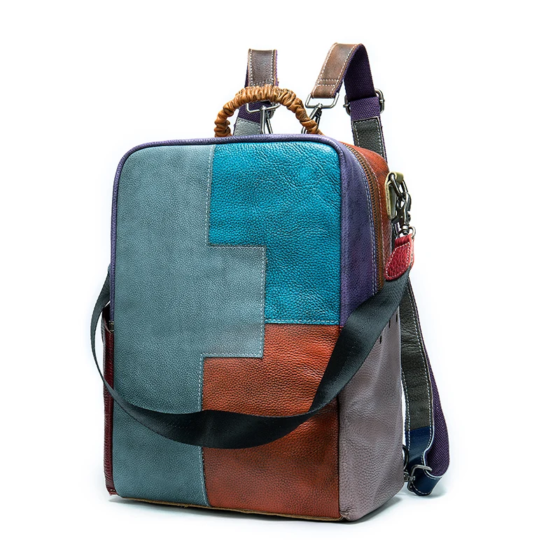 

WESTAL 031 women's leather backpack women's genuine leather mochila notebook travel over shoulder girl's school Laptop backpack, Patchwork