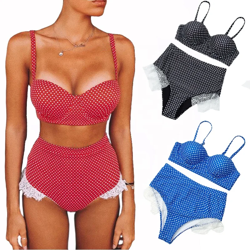 

Plus Size 2020 High Waist New Fashion Dot Printing Padded Bathsuit Push Up Beachwear Lace Up Women Sexy Bikini Sets Swimwear, 4 colors as shown