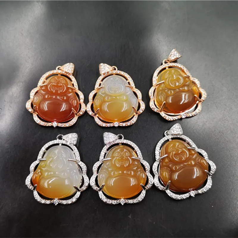 

925 Silver Plating Natural Jade Gradient Buddha Pendant Large Agate Buddha Pendant Necklace