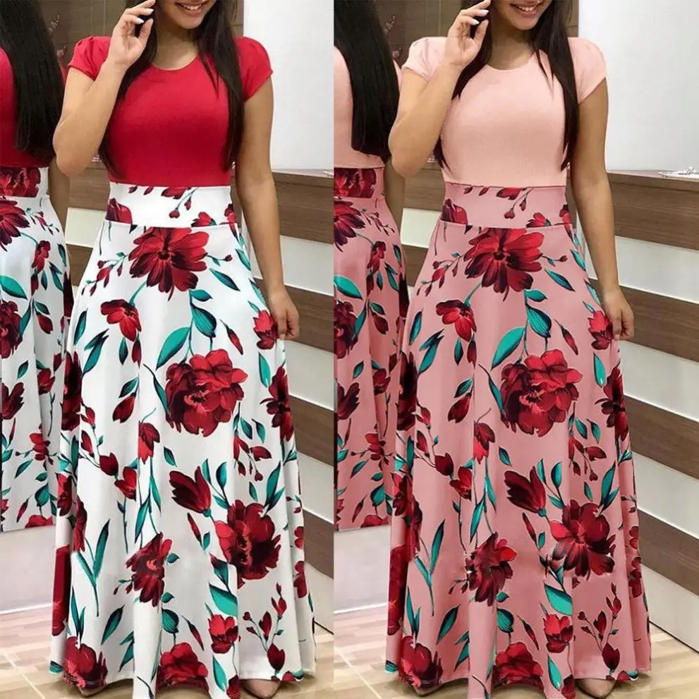 

Stitching flower print long-sleeved long dress skirt prom women