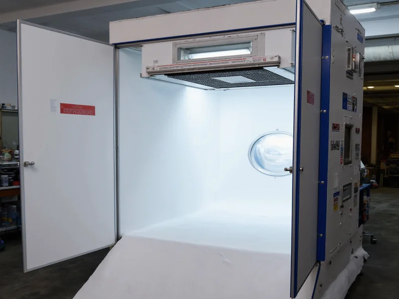 DIY spray booth filter assembly with safety warnings