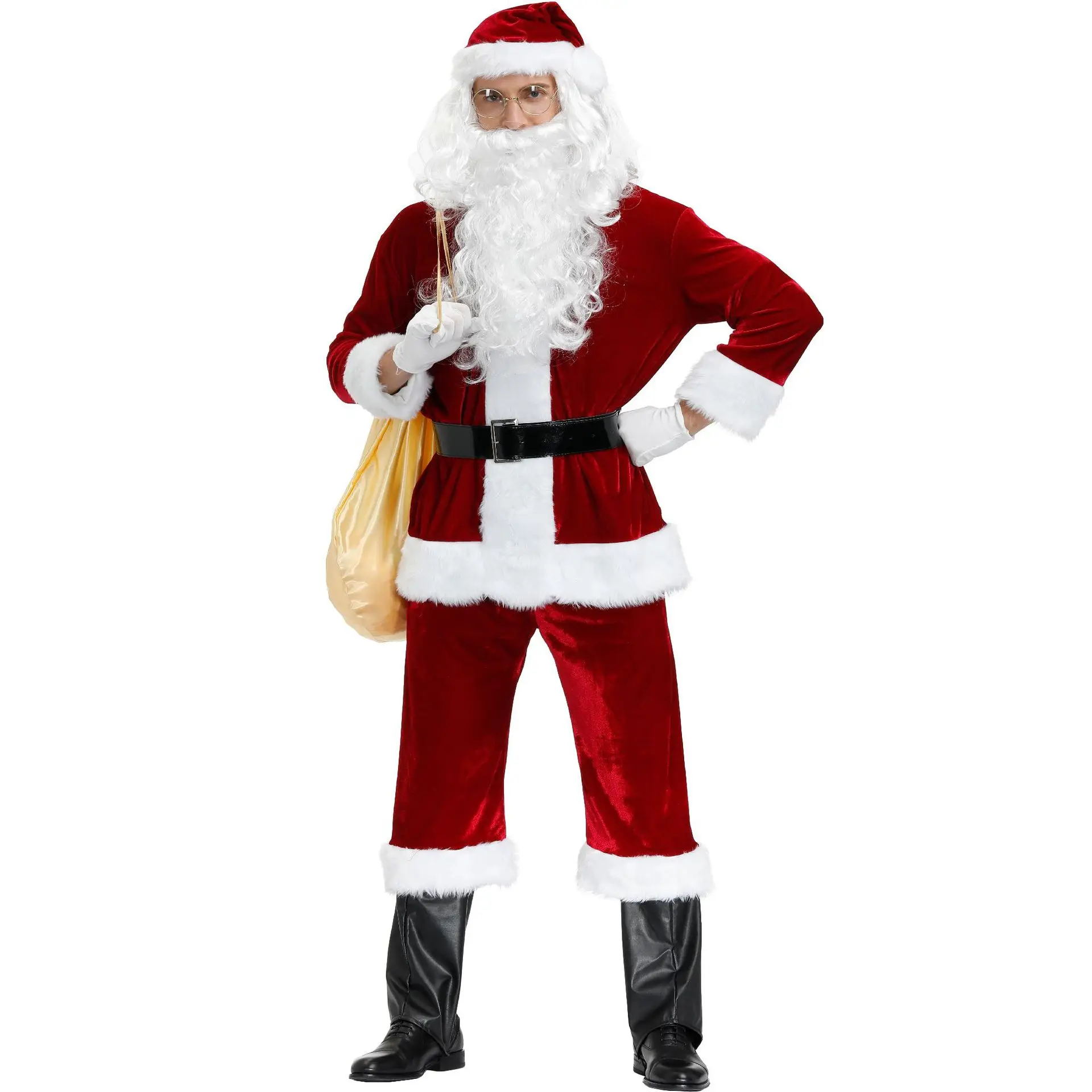 2025 Christmas Cosplay Men's Plush Santa Claus Costume Suit Fancy Coat with Pants Beard Belt Hat Top Components