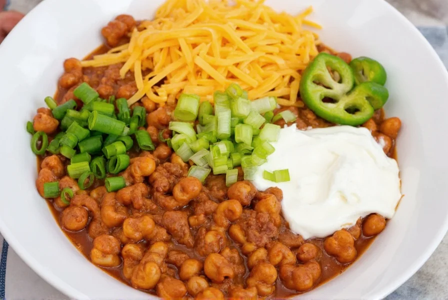 Hamburger Helper Chili Mac served in a bowl with various toppings including shredded cheese, sliced green onions, and sour cream