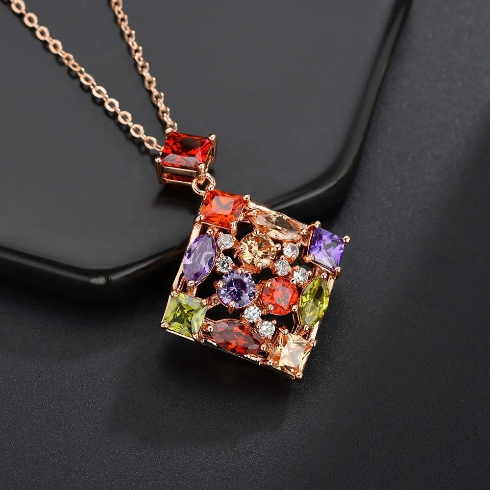 

New Fashion Women Square Colorful Zircon Pendant Necklace Gold - color Women Anniversary Jewelry Wholesale, Customized color