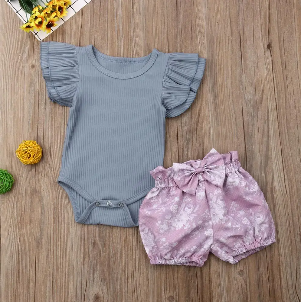 

Baby Summer Clothing Newborn Kid Baby Girl Infant Cotton Clothes Ruffles Sleeve Ribbed Romper Tops Shorts 2pcs Outfit Set