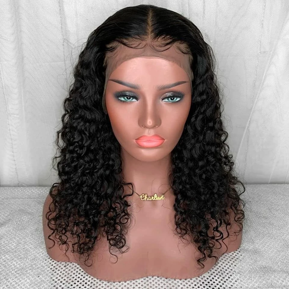 

Ainizi wholesale 24 inches premium natural black kinky curly middle part synthetic T part lace front wig for black women