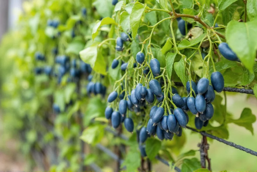 Pepper vine growing on a garden trellis with clusters of blue-black berries