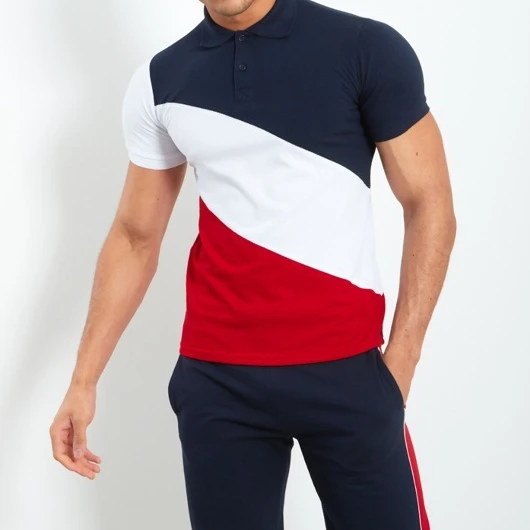 

2021 Summer Men's Sets Stripe Color Patchwork Gym Shorts and Polo Neck Short Sleeve T Shirts sweatsuit