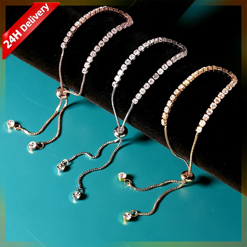 

HOVANCI Gold Silver Rose Gold Plated Pullable Cubic Zirconia CZ Tennis Chain Bracelet Shiny Crystal Tennis Bracelet For Women