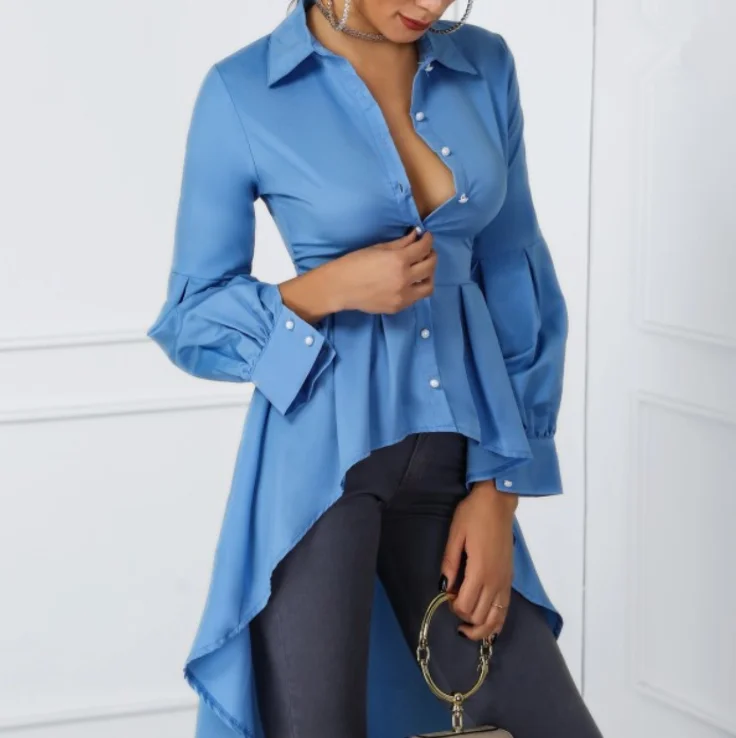 

Casual Asymmetrical High Low Sexy Indian Lantern Long Sleeve Tops Woman Blouse Designs, Blue