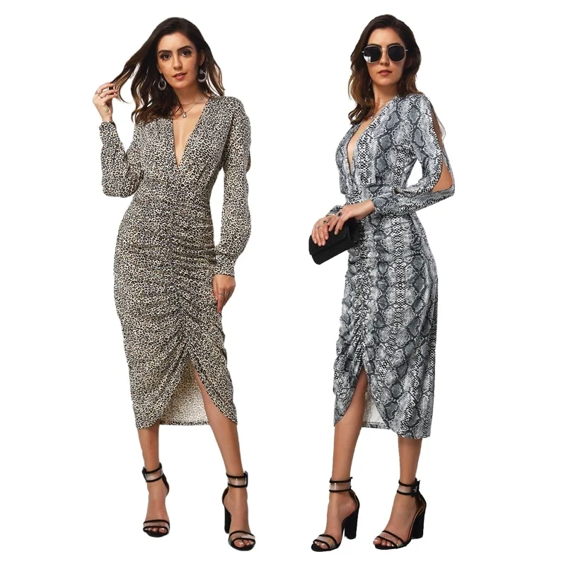 

Direct Sales Women's Long Sleeve Leopard Printed Bodycon Midi Dress, Leopard/snakeskin print