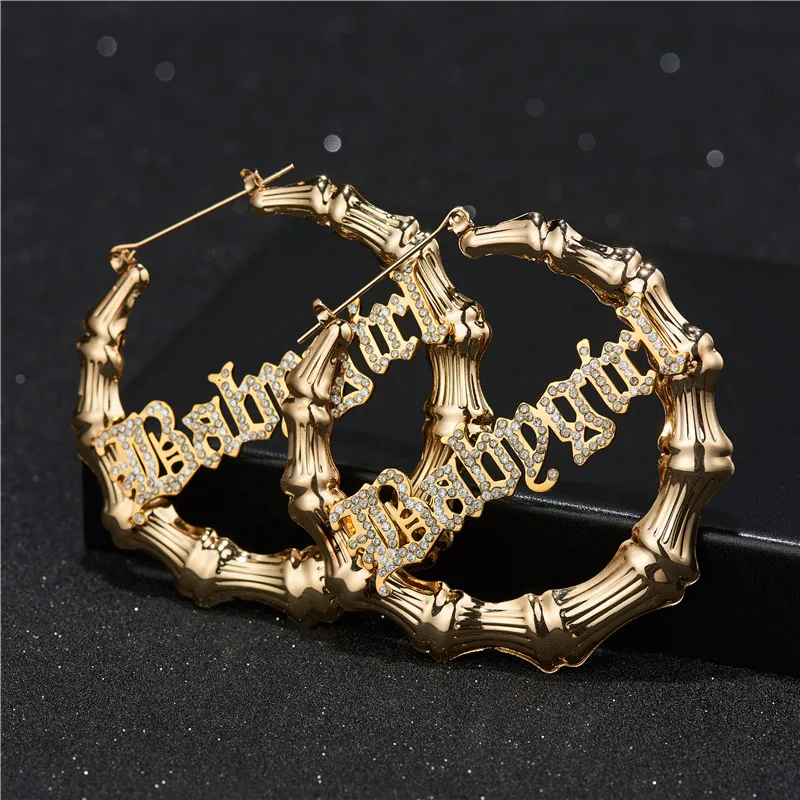 

Customize charm geometric plated gold big round shape letter bamboo Hiphop Sexy big hoop earrings