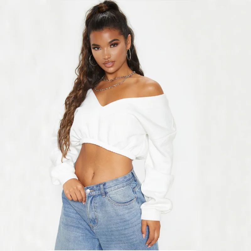 

New arrive Women Custom Printing Logo Crop Off Shoulder V Neck Sweatshirt, Customized color