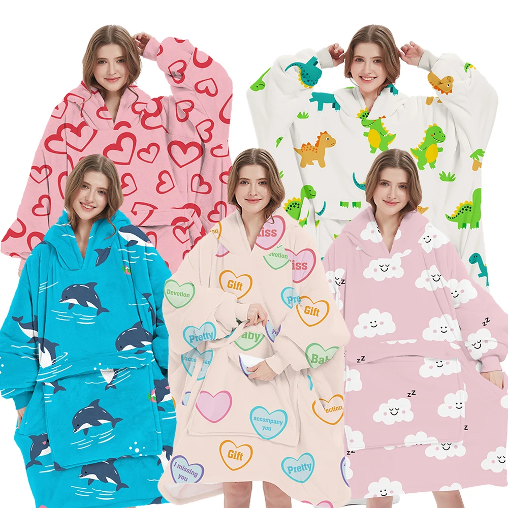 China Factory Wholesale Custom Warm Cozy Oversize Plush Flannel Sherpa Blanket Big Hooded Sweatshirt Blankets Hoodie for Adults