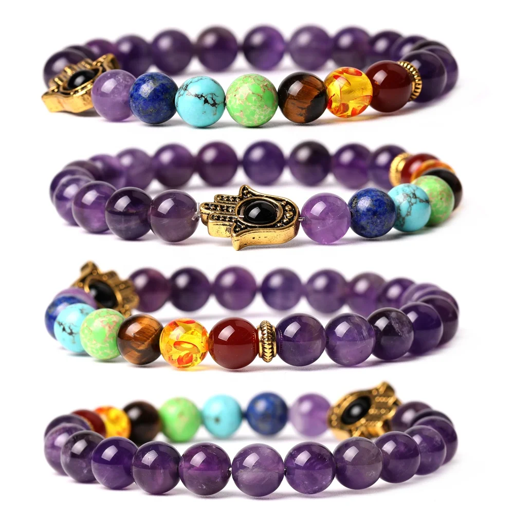 

Fashion Natural Gemstone Amethyst Bead Colourful Women Men 7 Chakra Bracelets Hamsa Hand Lapis Lazuli Jewelry