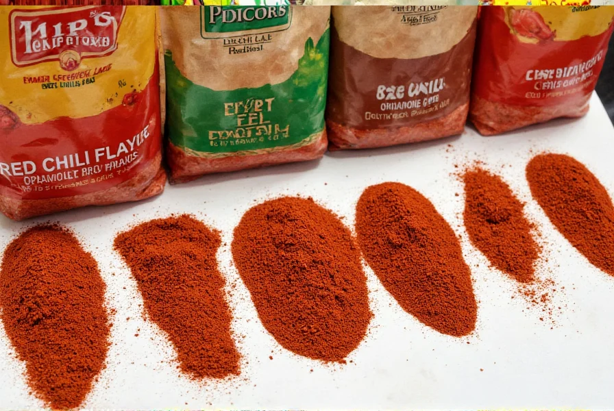 Comparison of different red chili flake brands showing color variation, particle size, and packaging options on kitchen counter