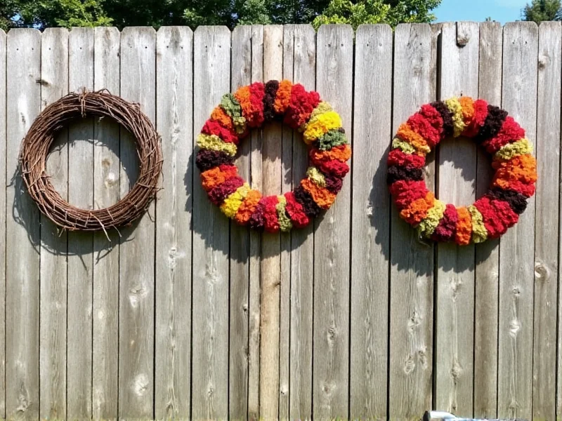Three different DIY fall wreath designs on wooden fence