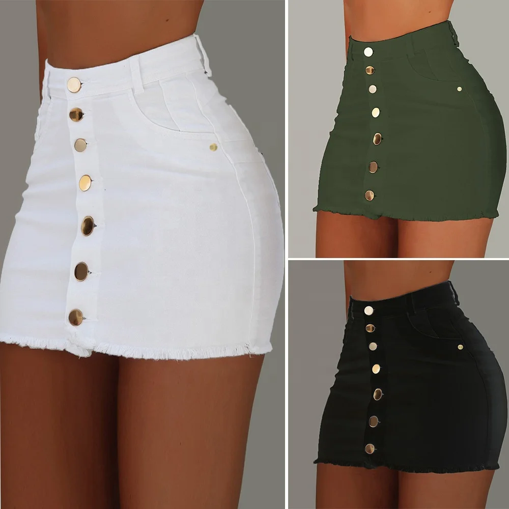 

New Fashion Button Short Bodycon Summer Bandage Jean Women's Denim Midi Pencil Skirt, White/green/black