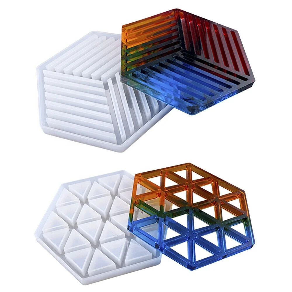 

Silicone Coaster Concrete Mould Diamond Stripe DIY Crafts Mold Epoxy resin Tray Hexagon coaster diy Hexagon inner triangle, White