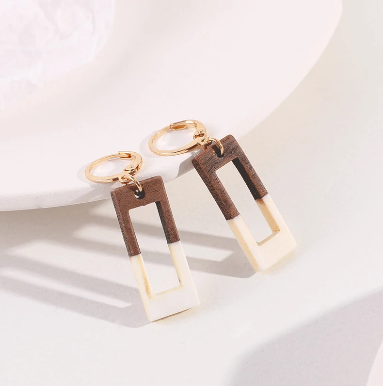 

Geometric Square Splicing Acrylic Wooden Hoop Earrings For Women Girls Jewelry 2021