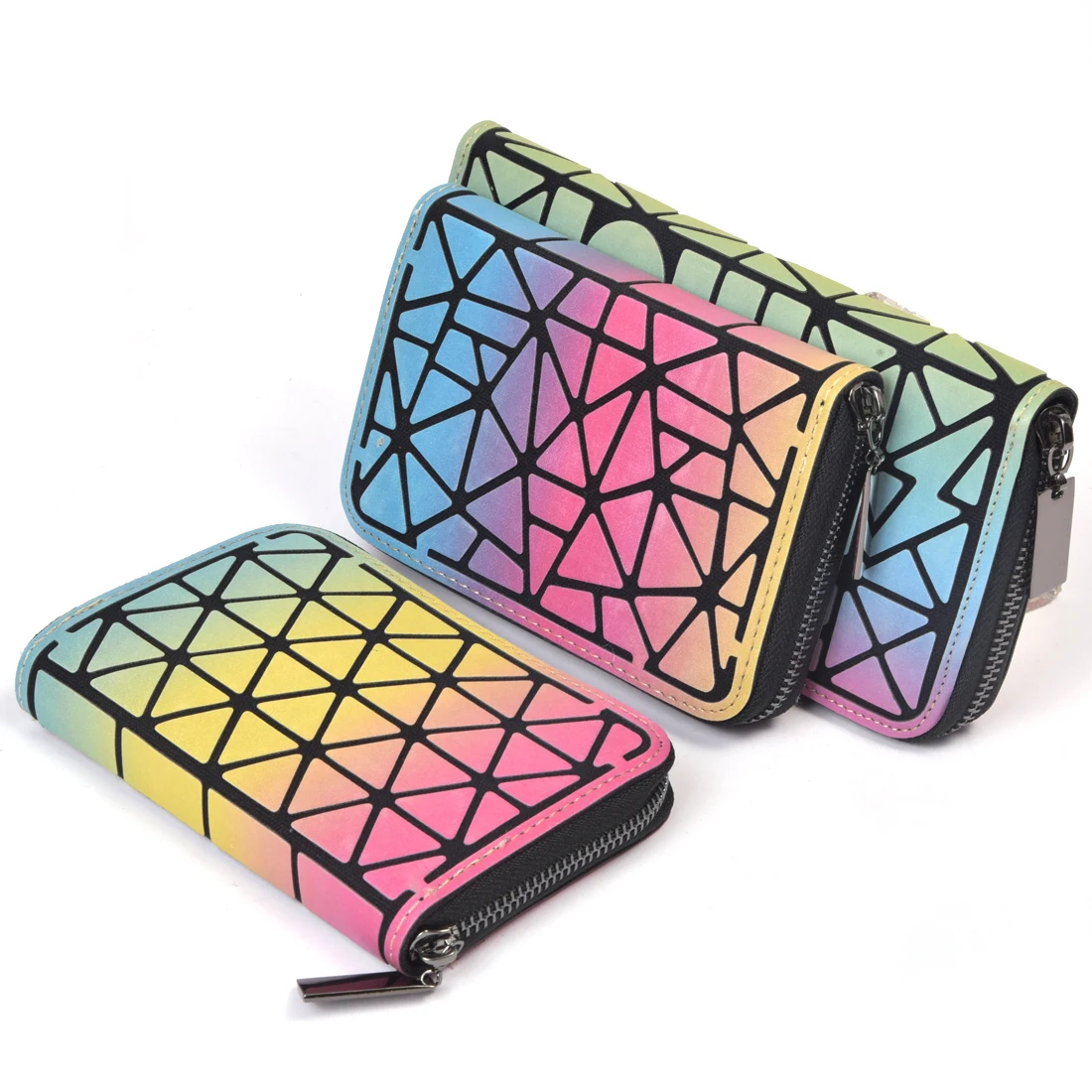 

Iridescent geometric short lattice wallets luminous women zip around clutch purse pu geometric fashion wallet leather handbag, Per picture