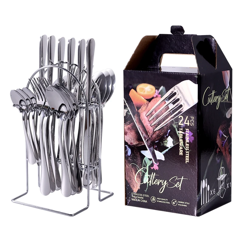 

24 Piece Silver Luxury Restaurant Flatware Set Holder Camping Travel Case Silverware Stainless Steel Cutlery Set, Silver, gold, rose gold, black
