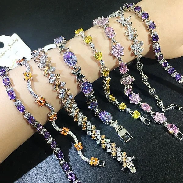 

PUSHI color zircon bracelet Real gold plating High quality gem shiny wholesale bracelet mixed jewelry women