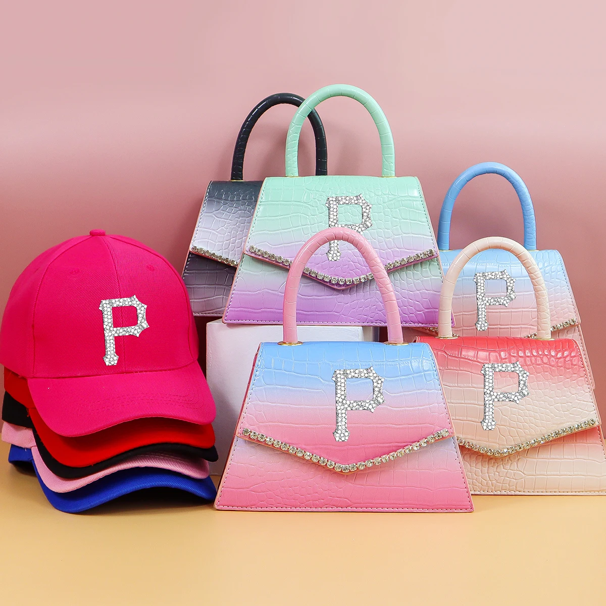 

Factory wholesale fashion ladies baseball hat PU personality handbags purse set for women, 8 colors